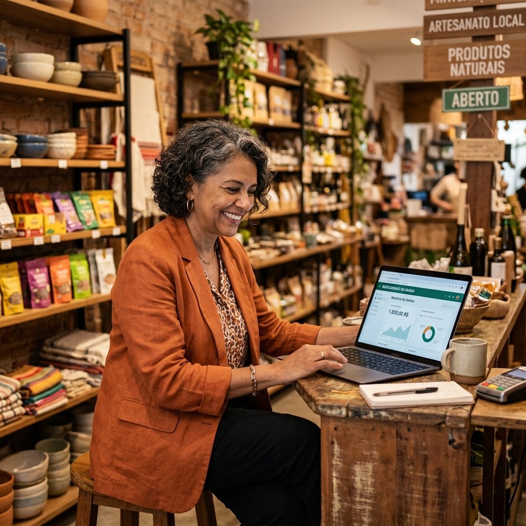 Dona de pequena empresa satisfeita usando sistema simples no computador